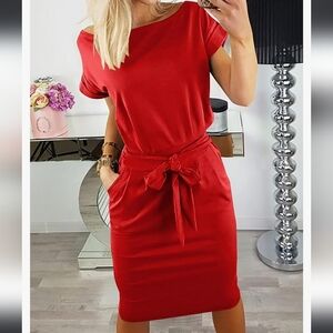 Red Midi Tie Waist T-Shirt Dress with pockets Size Small
